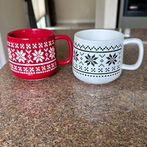 Festive Red and White Snowflake Mugs